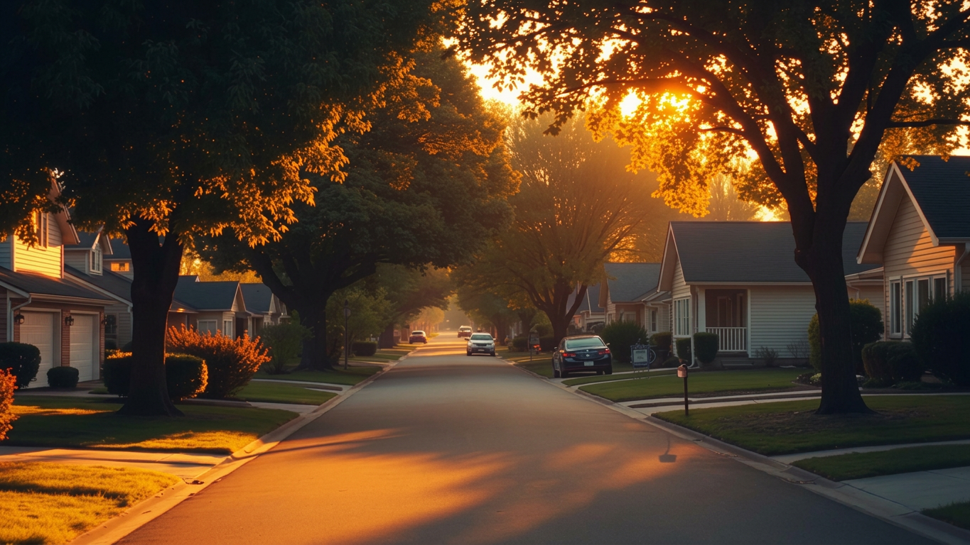 A peaceful single-family rental neighborhood at golden hour